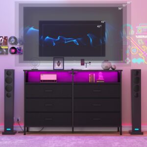 Dresser for bedroom, Fabric Black Bedroom Dresser with LED Lights and Charging Station, 6 Long Drawers Dresser, Tall Wide Chest of Drawers Storage Organizer TV Stand for up to 60" TV for Living Room