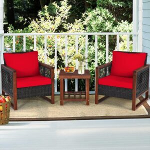 LDAILY 3 Pieces Patio Furniture Set, Rattan Outdoor Front Porch Chairs with Wood Coffee Table & Cushion, Comfy Wicker Conversation Patio Set for Movie Seating, Balcony, Garden, Poolside (Red)