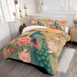 CCoutueChen Retro Pink Floral Duvet Cover Green Peacock Bedding Set Queen Size Elegant Butterflies Botanical Flowers Leaves Bed Set Peacock Bird Pattern Comforter Cover for Adult Women Girls Decor