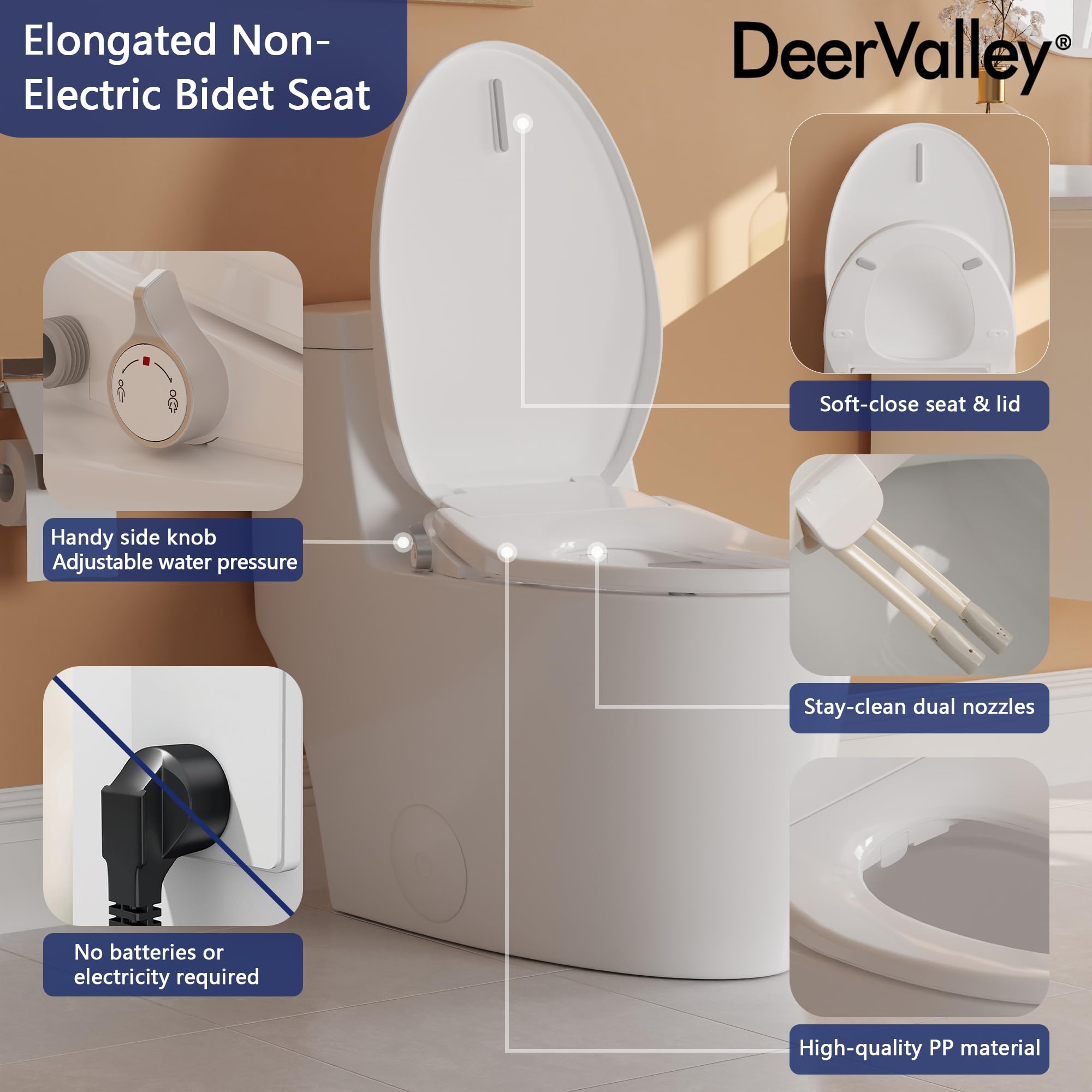 DeerValley Elongated Manual Bidet Toilet Seat with Self Cleaning Dual Nozzles, Rear & Feminine Cleaning, Non-Electric Bidets for Existing Toilets, White, No Wiring & Easy Installation