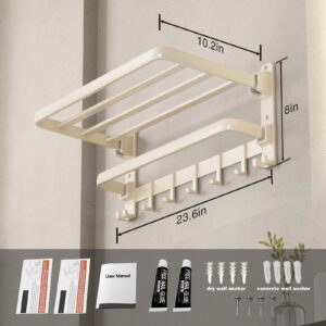 VOLDRA Towel Racks for Bathroom, 24-Inch Towel Shelf with Towel Bar Foldable Towel Holder with 7 Hooks Towel Storage Organizer for Bathroom & Lavatory Wall Mounted(Cream White)