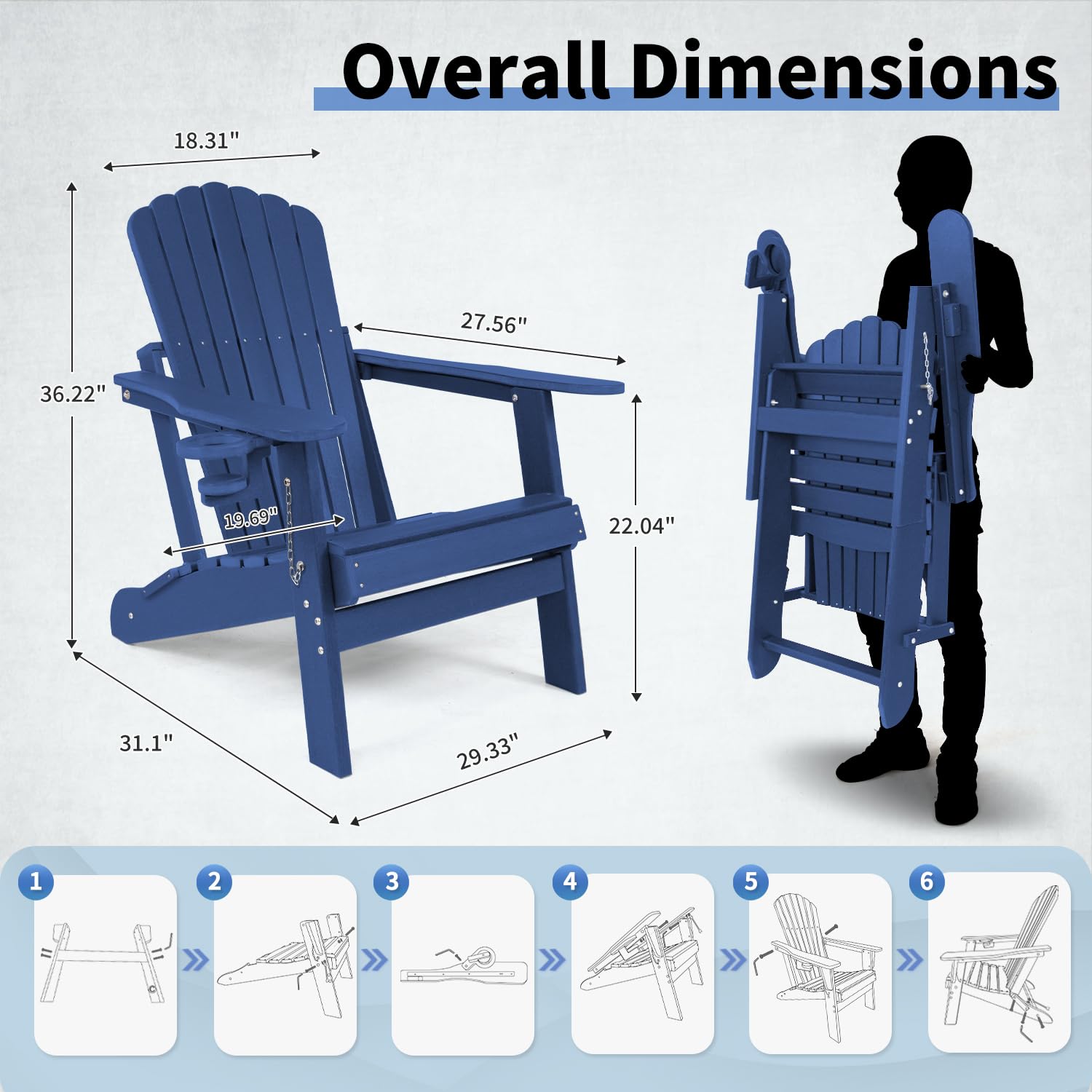 Mguio Folding Adirondack Chairs Set of 2, Fire Pit Chairs, Plastic Adirondack Chairs Weather Resistant with Cup Holder, Composite Adirondack Chairs, HDPE Adirondack Chairs Outdoor