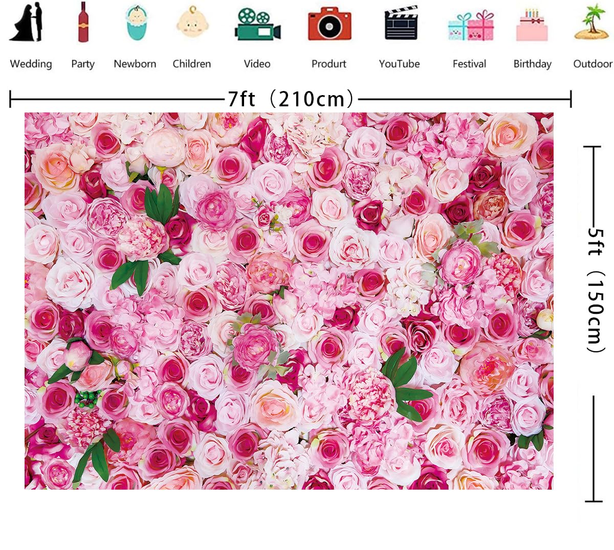 Pink Rose Floral Backdrop 7x5FT Flower Wall Photography Background for Girls Women Bridal Shower Wedding Baby Shower Birthday Party Decorations Supplies Photo Props