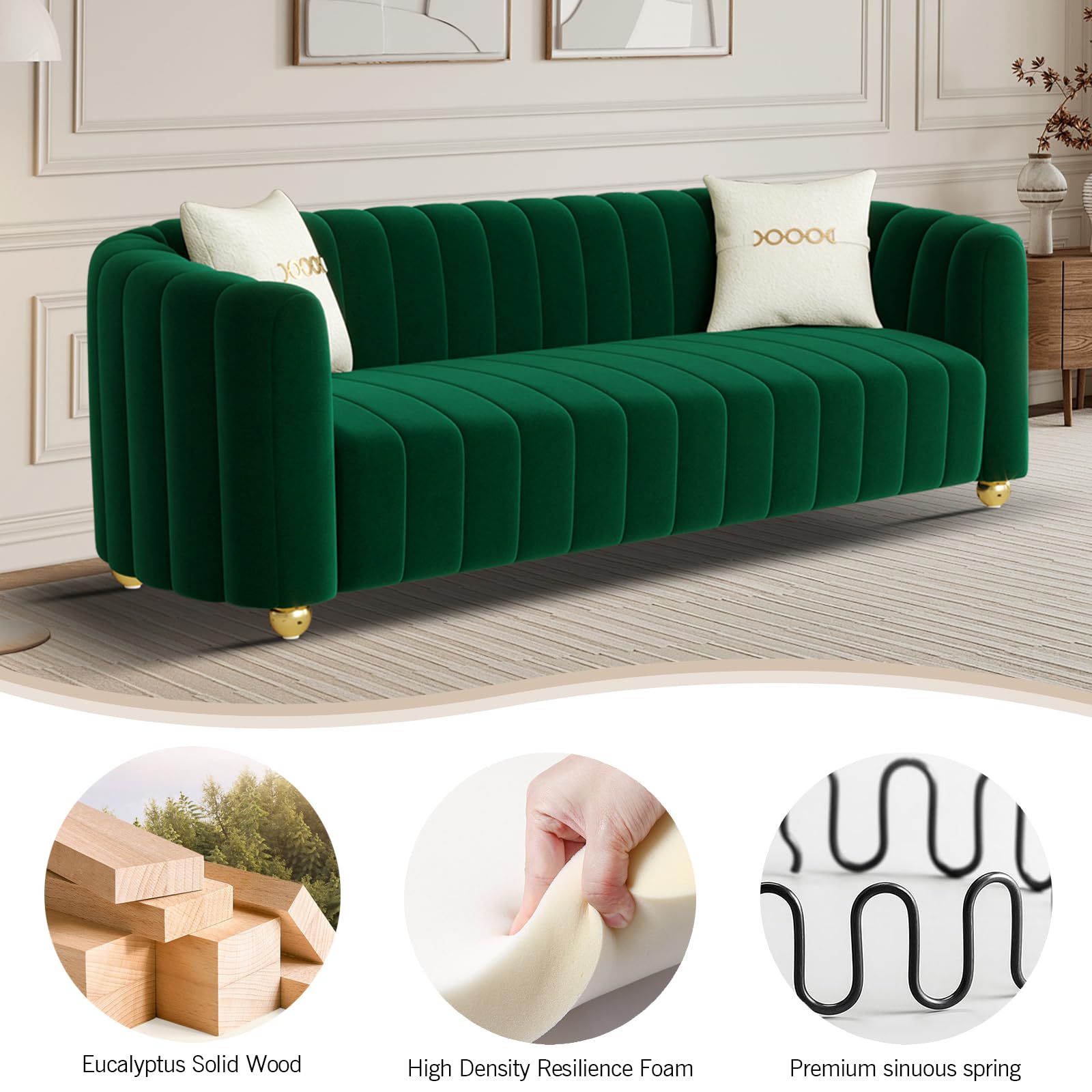 IQIAite Luxury Velvet Sofa Comfy 3 Seat Couch Loveseat Sofa,Mid Century Modern Tufted Couch for Living Room 83" Emerald Green Love Seat Sofa with Gold Legs 2 Pillows for Office Furniture