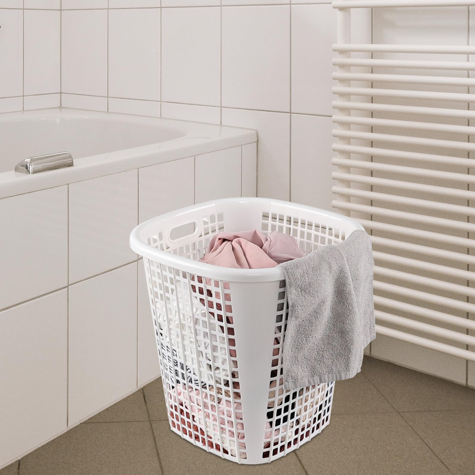 Fiazony 50 L Tall Plastic Laundry Storage Basket for Home, Set of 6 Large Plastic Laundry Hamper Basket with Cutout Handles, White