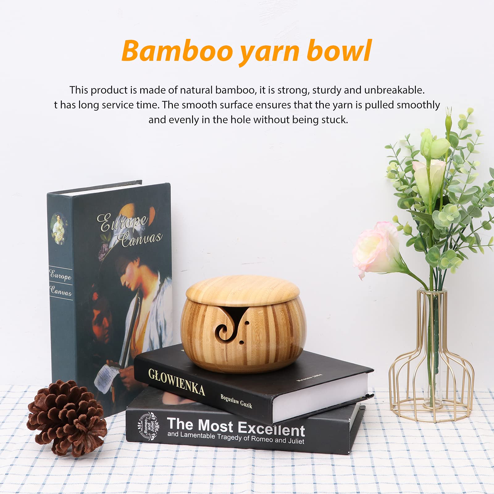 Bamboo Yarn Bowl, Handmade Knitting Yarn Storage Bowl with Removable Lid and Holes, Large Size Knitting Bowl Wool Holder Carbonized Bowl Box for Crochet Knitting Home Decor