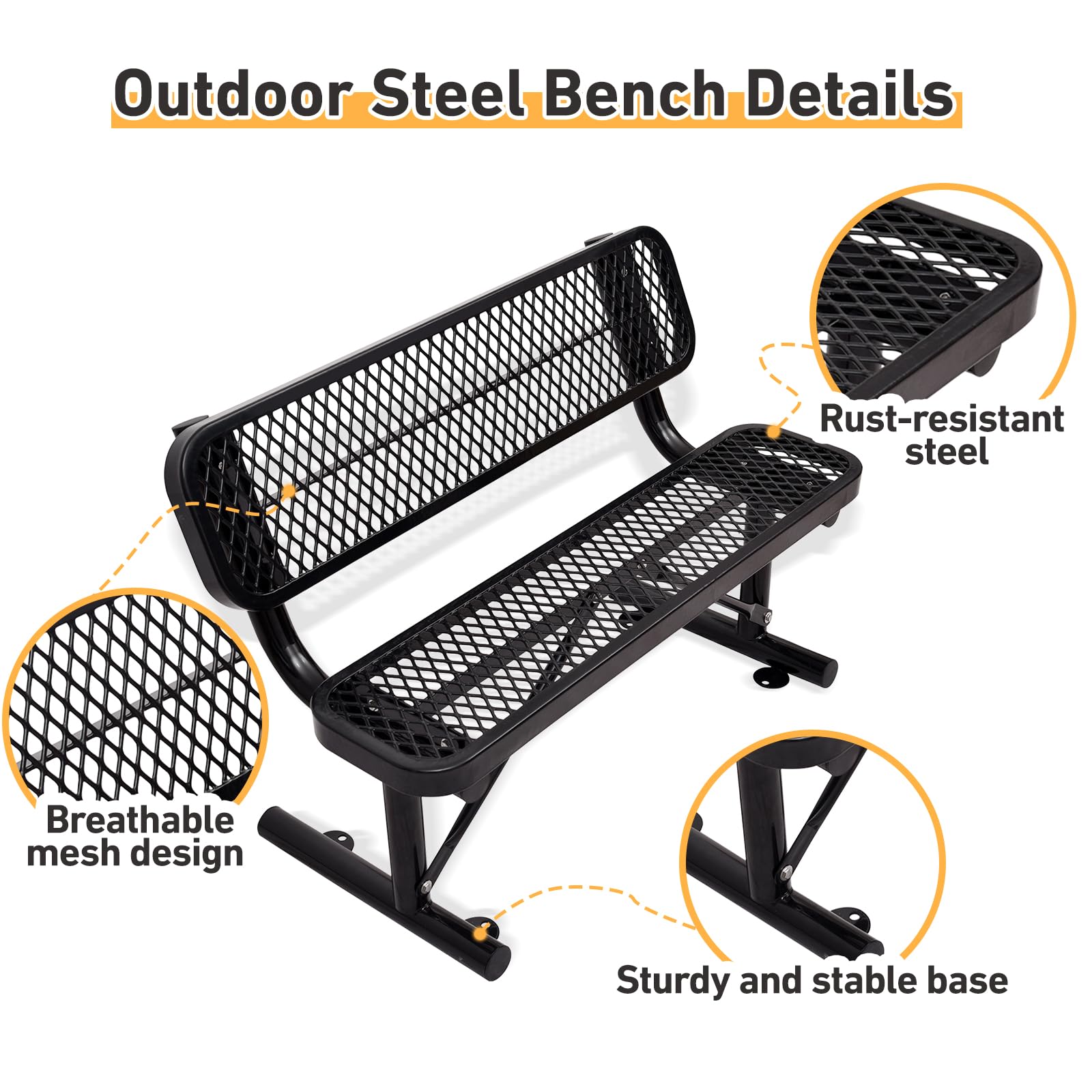 4 Feet Heavy Duty Park Bench with Back Portable Frame, Outdoor Steel Bench with Backrest, Expanded Metal Mesh Bench for Lawn, Park, Deck, Garden, Patio, Porch, Black