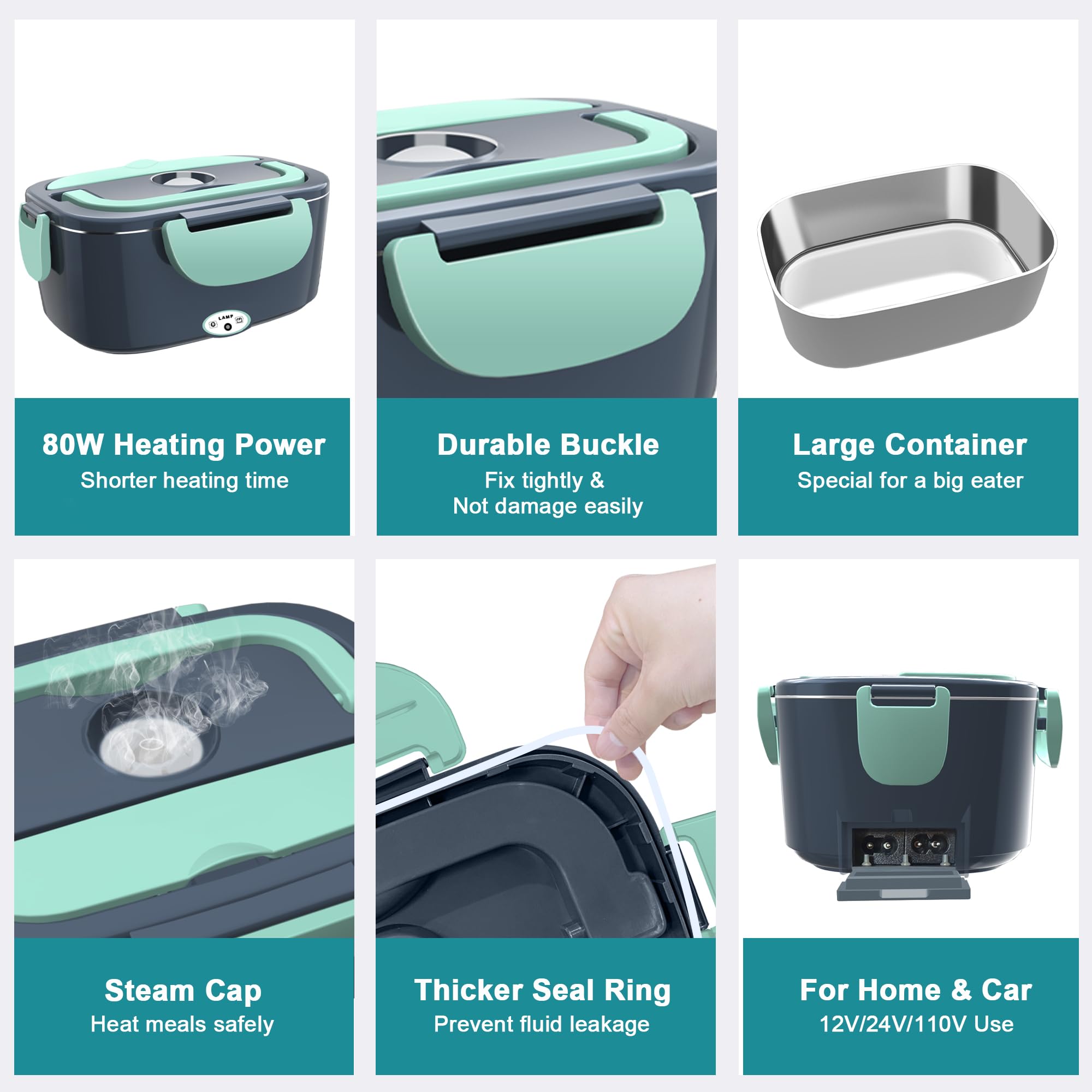 Electric Heated Lunch Boxes Adults: 80W Electric Lunch Box Food Heated 12/24/110V 1.5L Heatable Lunch Box for Car/Truck/Office Leak-Proof Stainless Steel Container, Fork & Spoon, Bag (Grey+Green)