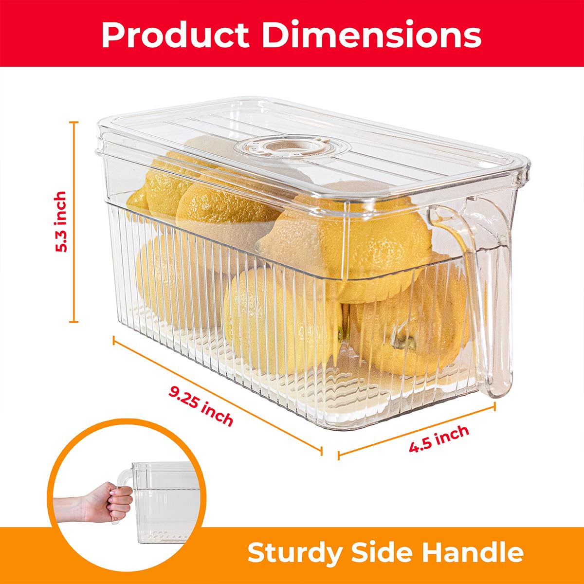 Four Pack Fridge Fruit Storage Container - Set of Four Stackable Refrigerator Organizer Plastic Bins with Lids and Handles, Kitchen Organization for Food, Fruits, Vegetables, Produce. BPA Free