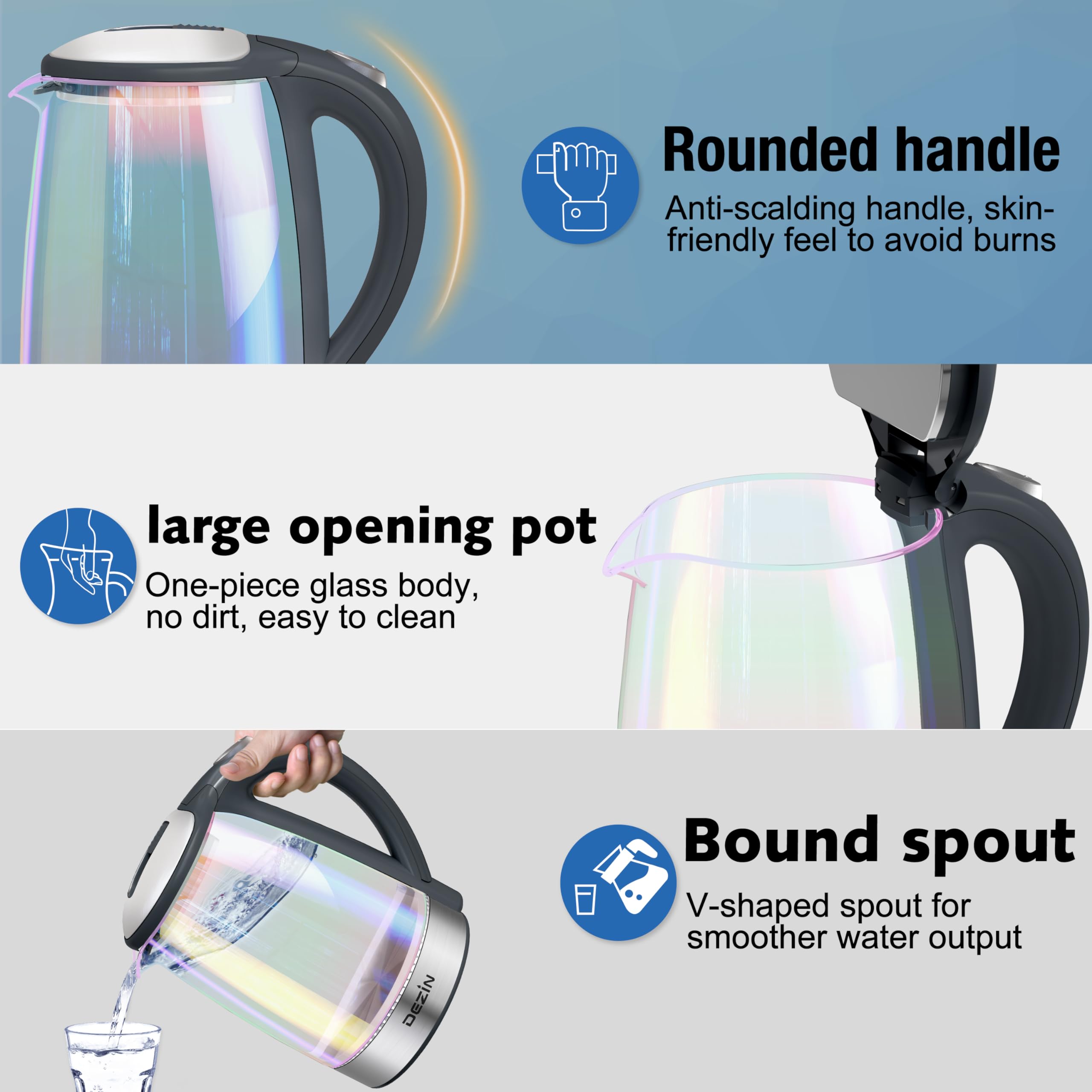 Dezin Electric Kettle, 2L Electric Water Heater, Glass Electric Tea Kettle, 304 Stainless Steel Hot Water Kettle Warmer with Fast Boil, Auto Shut-Off & Boil Dry Protection, for Coffee, Tea