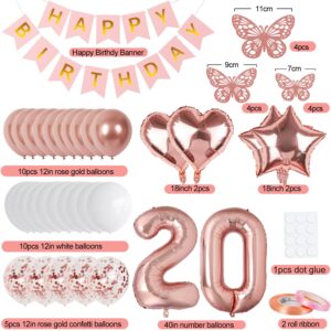 Rose Gold 20th Birthday Decorations for Girl, 20 Year Old Birthday Sign with Happy Birthday Banner, 40In Number 20 Foil Birthday Balloons, Butterfly Decorations, Heart and Star Balloons