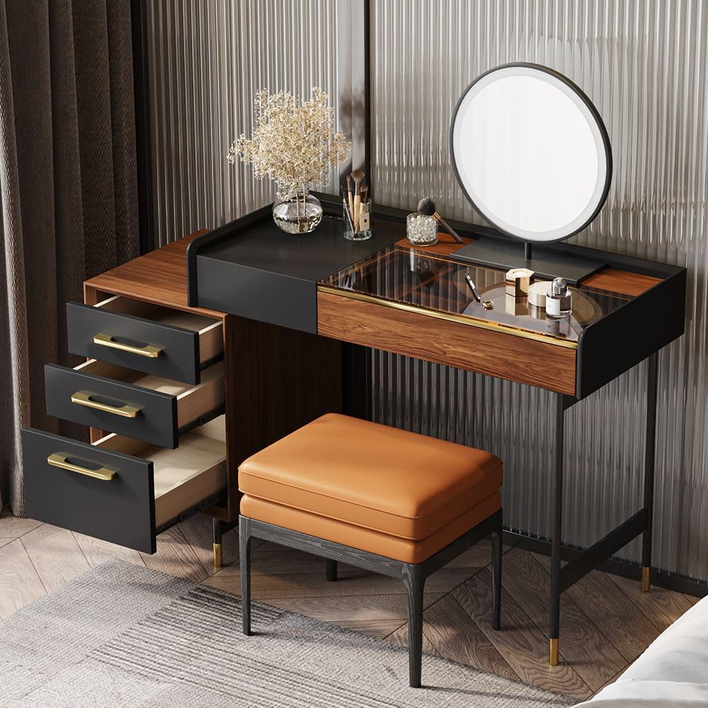 POVISON 47" Modern Wood Luxury Vanity Makeup with Mirror and Lights (3 Modes), 5 Drawers, Charging Station, Tempered Glass Top, Walnut Veneer Finish, Dressing Table with Comfort Stool - Easy Assembly