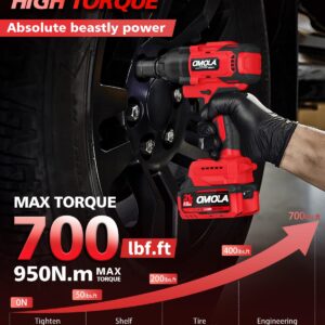 OMOLA Cordless Impact Wrench,1/2 impact gun，700 Ft-lb（950NM） High Torque 3200 RPM,with a 15C 21V 4.0Ah Li-Ion Battery, Fast Charger,Brushless motor，4 Sockets,Electric Impact Wrench for Car Truck RV