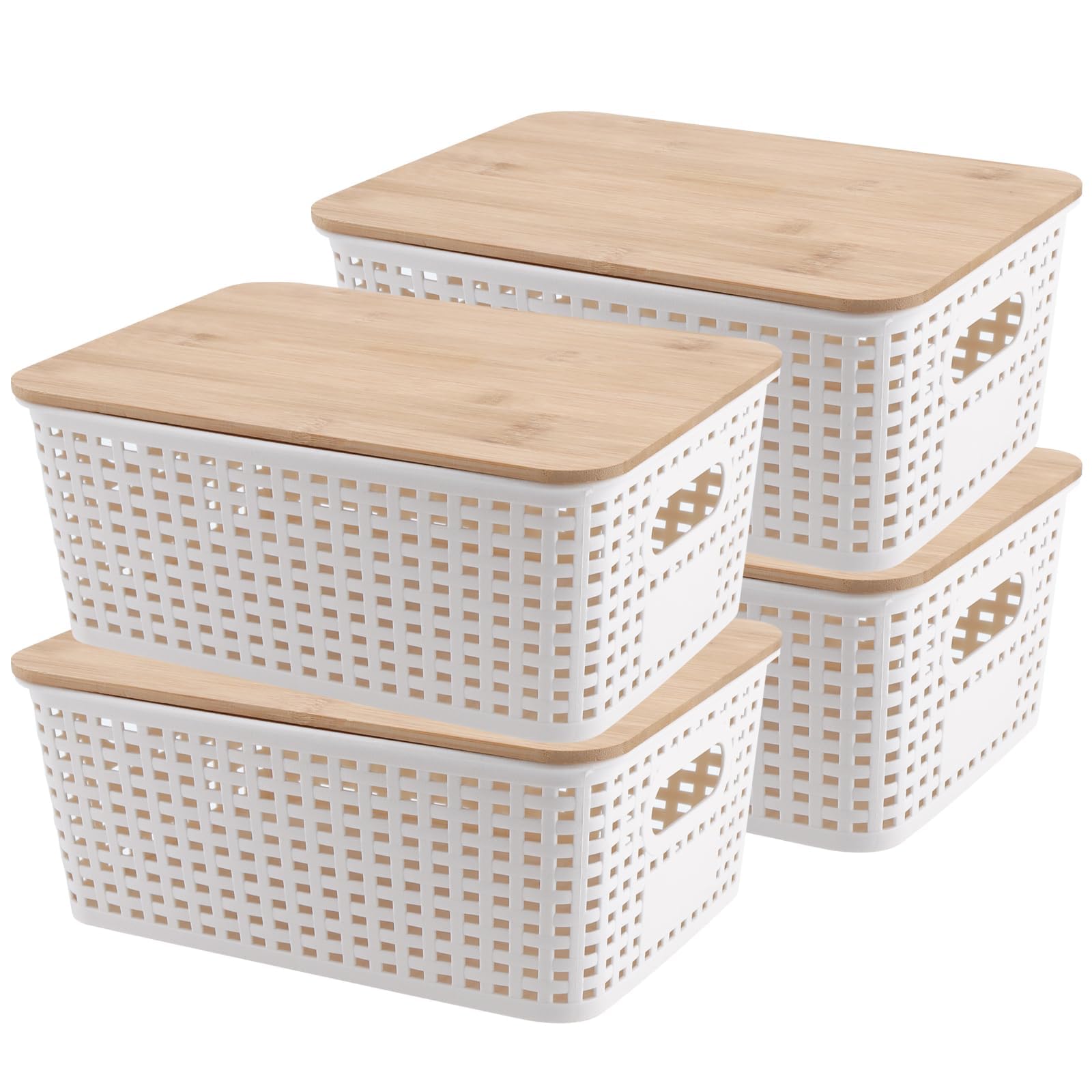 JEUIHAU 4 PCS Plastic Storage Bins Bamboo Lid, White Organizer Bin with Bamboo Lid, Plastic Storage Box with Bamboo Lid, Stackable Storage Containers Lidded for Shelves Drawers Pantry