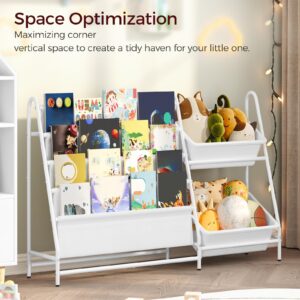 MAHANCRIS Kids Bookshelf and Toy Organizer, 4-Tier Toddler Bookshelf with 2 Toy Storage Bins, Nursery Book Shelves for Classroom, Kids Room, Library, Bedroom, Living Room, White BKBW7501