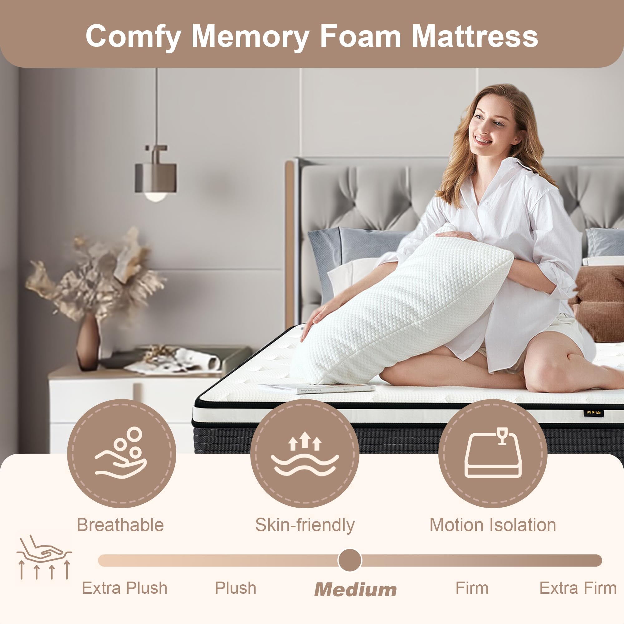 VKJ Queen Size Mattress 10 Inch,Medium Firm,Updrade Hybrid Memory Foam Mattress in a Box,Colchones Queen Size Bed,Individually Pocketed Springs for Support and Pressure Relief