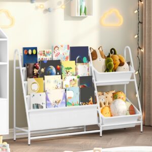 mahancris kids bookshelf and toy organizer, 4-tier toddler bookshelf with 2 toy storage bins, nursery book shelves for classroom, kids room, library, bedroom, living room, white bkbw7501