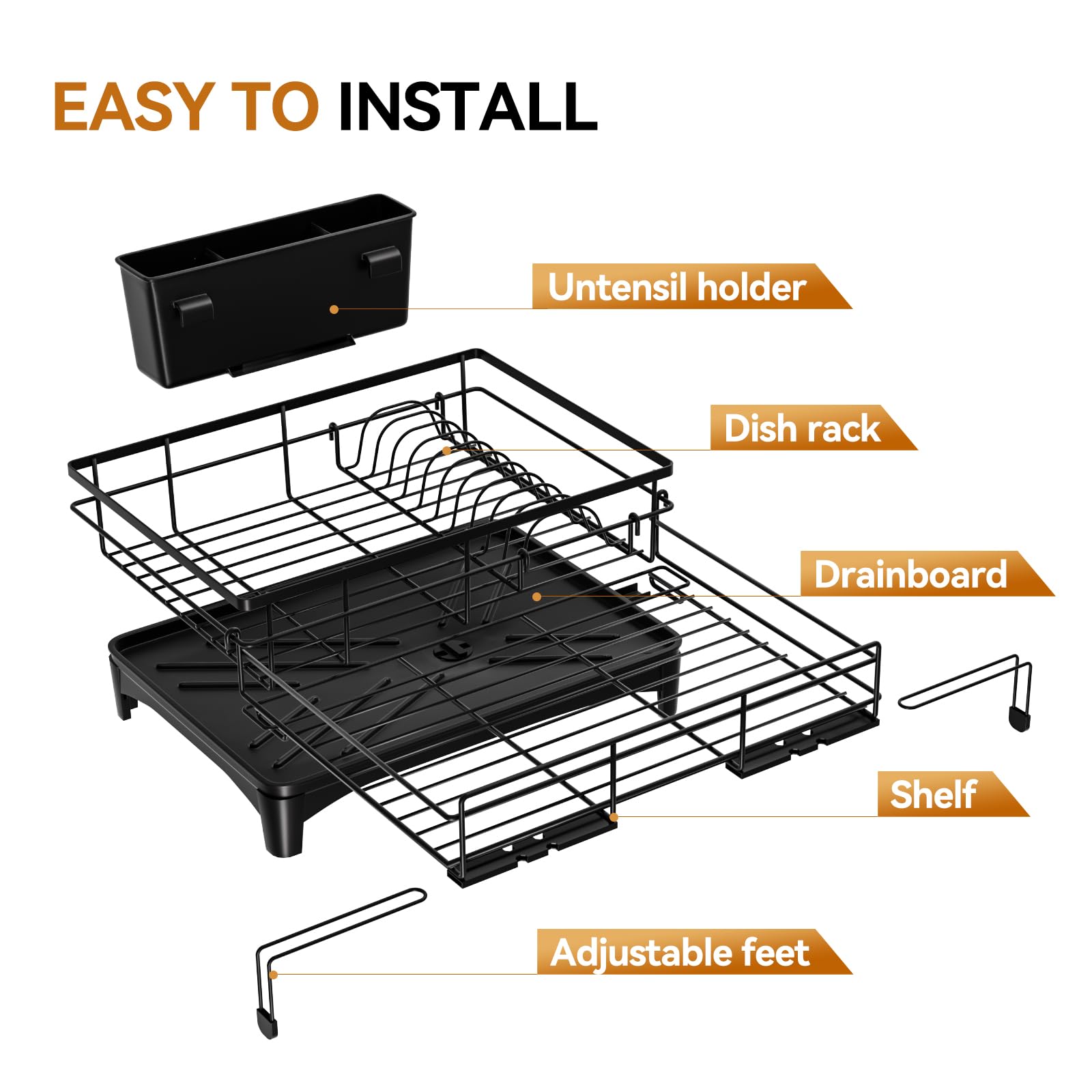 Laveshop Dish Drying Rack - Expandable Dish Rack, Large Capacity Dish Drainer for Kitchen Counter, Rust-Proof with Utensil Holder, Black