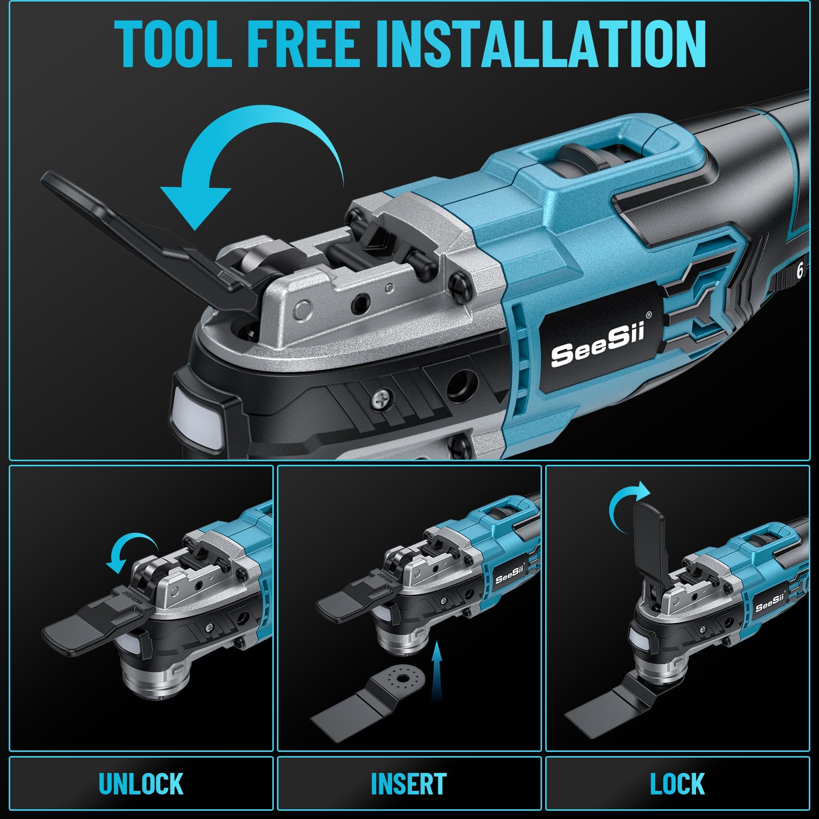 Seesii 21V Cordless Oscillating Tool, Brushless Oscillating Saw with 6 Variable Speeds, 3° Oscillation Angle, Quick-Change Multi-Tool, 24PCS Accessories, 2.0Ah Battery for Cutting, Sanding, Scraping