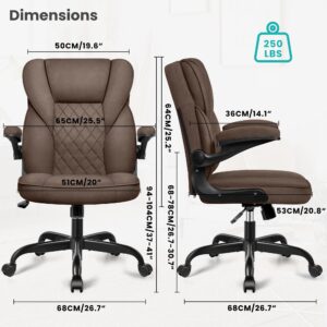 Brick Attic Office Chair - Executive Office Chair with Wheels, Ergonomic Home Office Desk Chairs, Comfortable Suede Leather Office Chair with Flip Up Armrests, Swivel Rolling Computer Desk Chair Brown