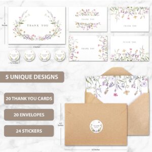 Generic Floral Thank You Cards With Envelopes (bulk 20-4x6) -Wildflower Thank You Notes With Envelopes -Perfect for Birthday, Wedding, Bridal Shower And Baby Shower, white