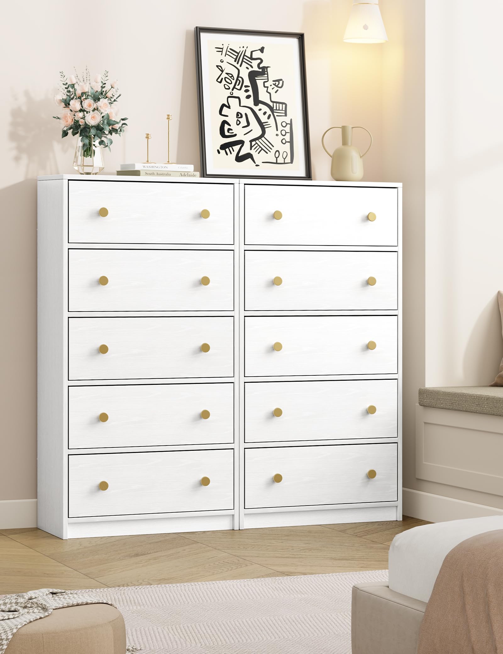 Nicehill White Dresser for Bedroom with 5 Drawers, Fabric Dresser Storage Tower, Chest of Drawers for Closet, Living Room, Hallway, Entryway, Woodeen Dresser（White）