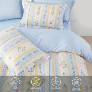 SAPHREAS Colorful Floral and Rabbit Printed Duvet Cover 100% Cotton Bedding Set 3pcs Blue White Comforter Cover with Zipper Closure 1 Full Quilt Cover 2 Pillowshams (no Comforter)