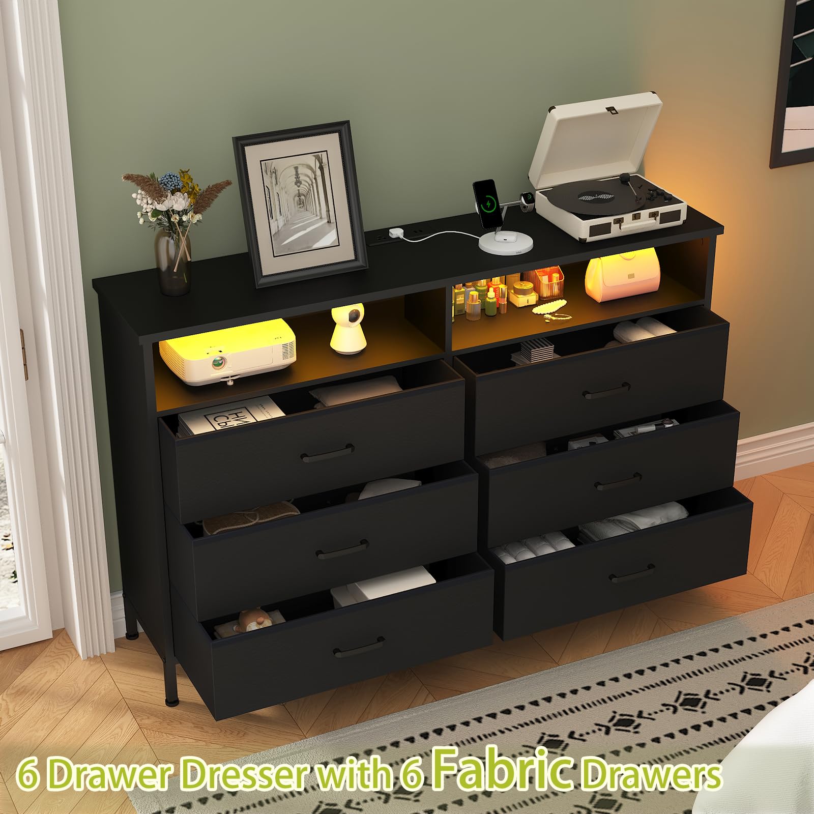 Dresser for bedroom, Fabric Black Bedroom Dresser with LED Lights and Charging Station, 6 Long Drawers Dresser, Tall Wide Chest of Drawers Storage Organizer TV Stand for up to 60" TV for Living Room