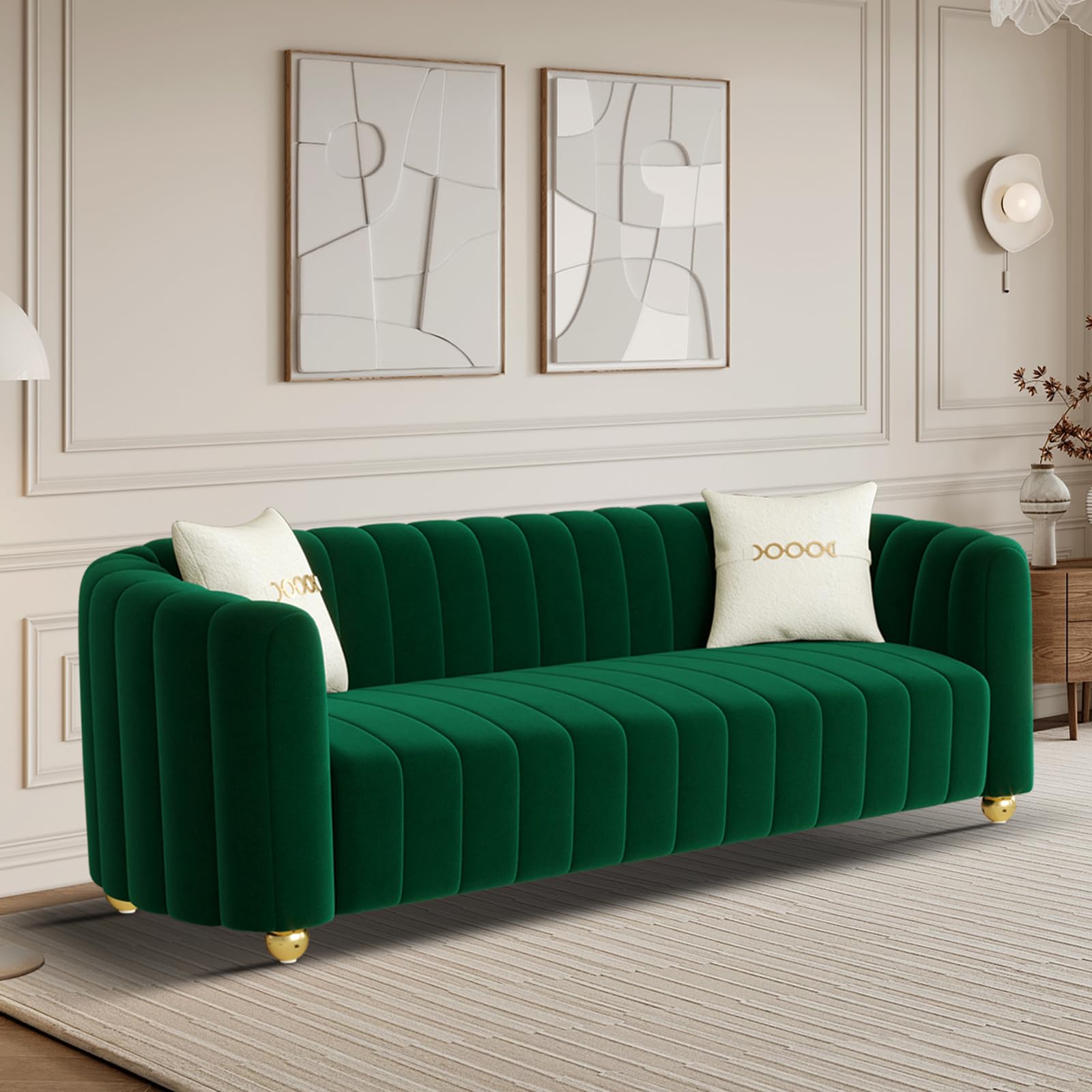 IQIAite Luxury Velvet Sofa Comfy 3 Seat Couch Loveseat Sofa,Mid Century Modern Tufted Couch for Living Room 83" Emerald Green Love Seat Sofa with Gold Legs 2 Pillows for Office Furniture