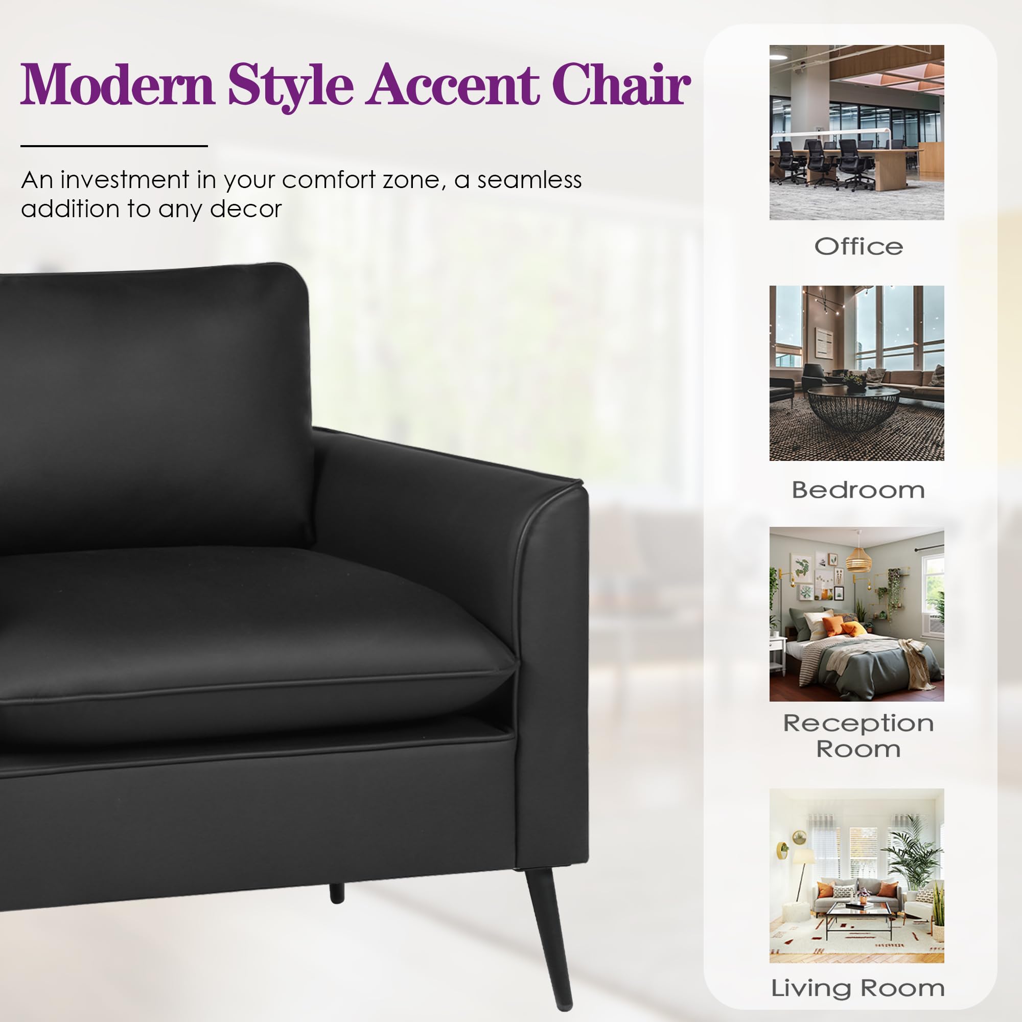 TYBOATLE Accent Chair, Black Leather Accent Chair, Comfy Living Room Chair, Cozy Reading Sitting Chair, Mid Century Modern Accent Chairs, Arm Reception Chairs, Lobby Chair,Office Furniture