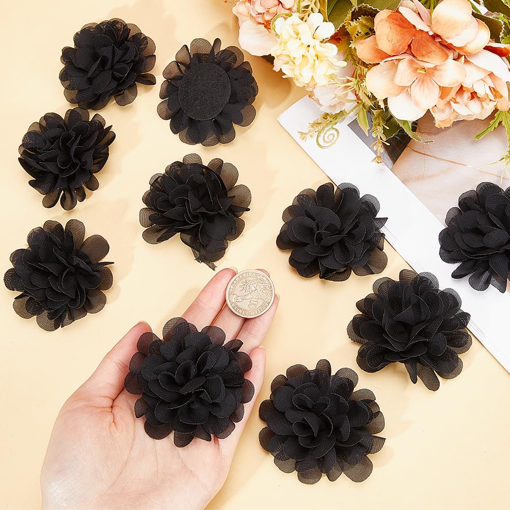 GORGECRAFT 12Pcs 3D Chiffon Flower Black Mesh Fabric Flowers Sewing Fabric Appliques Headband Embellishments Ornament Accessories Chiffon Lace Flower for DIY Craft Wedding Decor