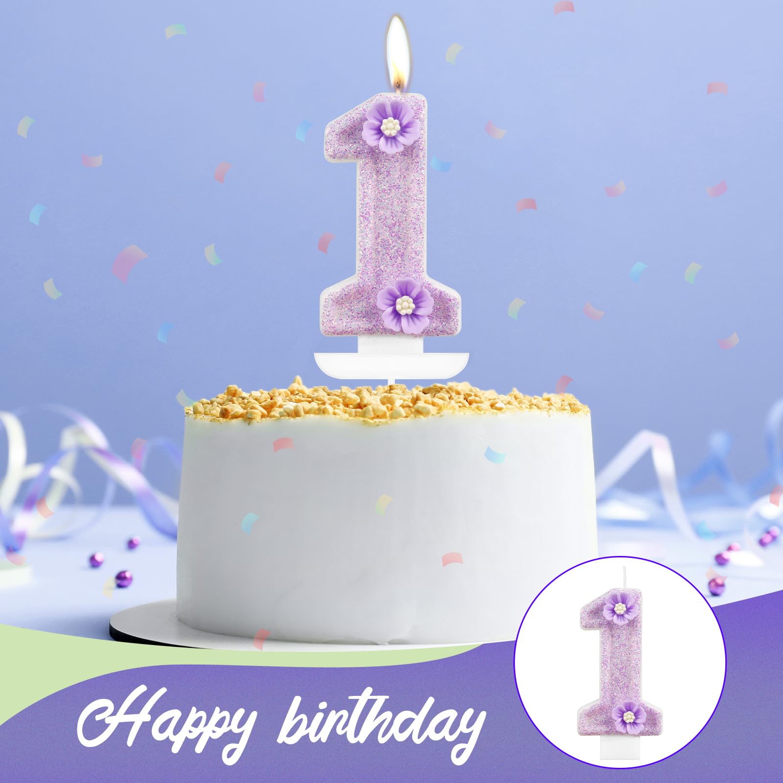 Birthday Number 1 Candles, Purple Flower 1st Birthday Candles for Cake Topper Decorations, Birthday Party Wedding Anniversary Celebration Supplies