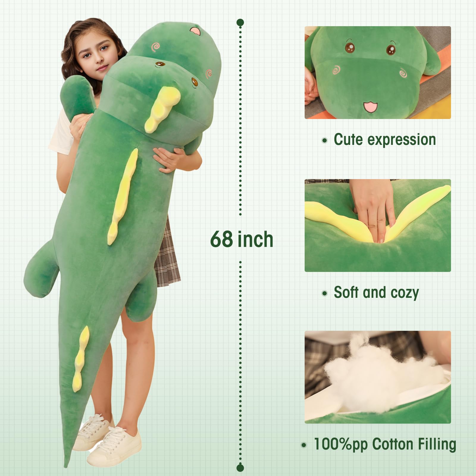 68 Inch Jumbo Dinosaur Plush Toy Pillow,Giant Stuffed Animals,Large Dinosaur Big 5.6 Feet Plushies Stuffed Toys Cute Cuddle Pillows,Great Gift for Kids,Girlfriend Boyfriend Wife Children,Boys,Birthday