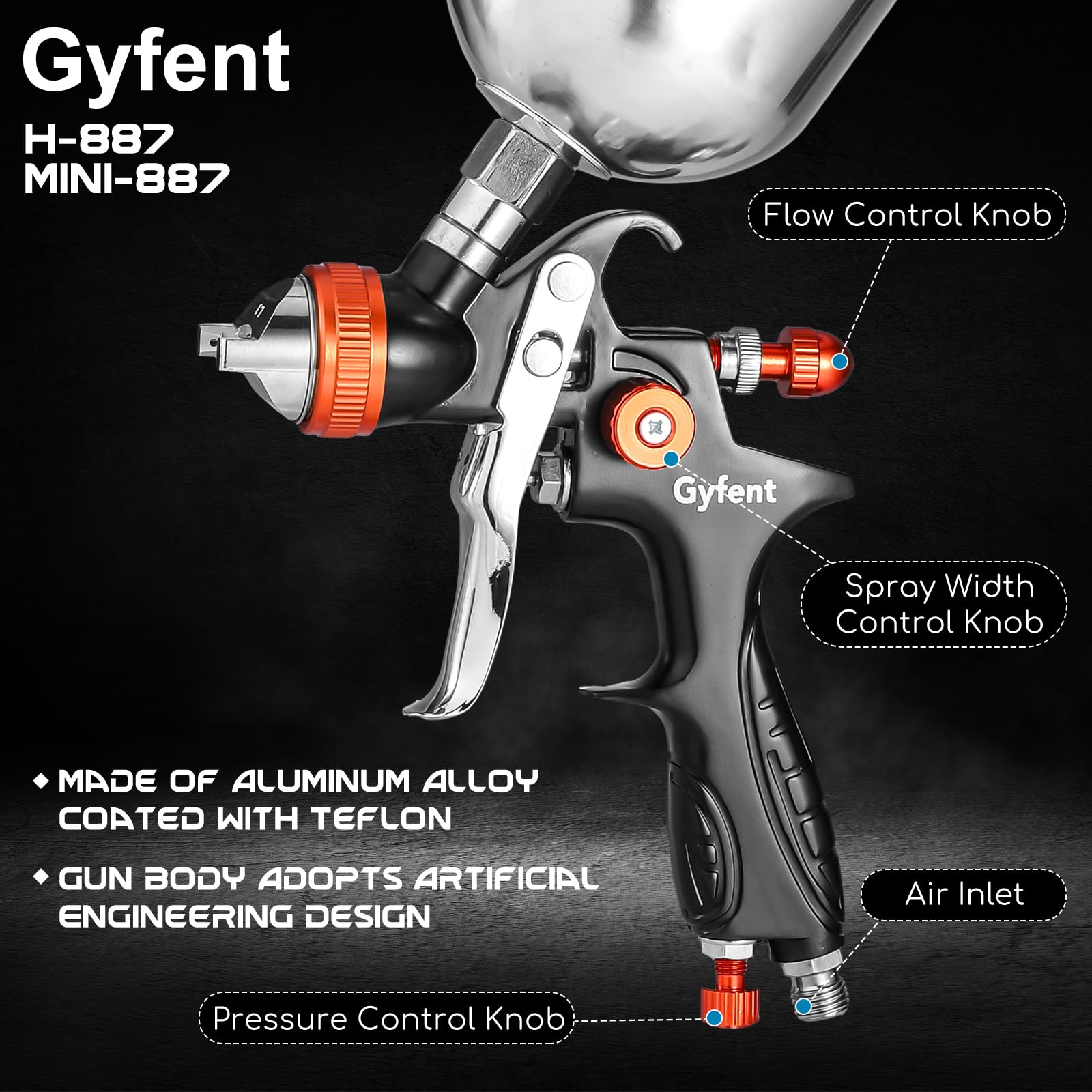 Gyfent Spray Paint Gun Set, HVLP Auto Paint Gun Air Paint Spray Gun with 3 Spray Gun & 1/1.3/1.7/2.5mm Nozzles & 4 Kettles & Pressure Gauge for Car Automotive Furniture DIY House Painting