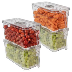 four pack fridge fruit storage container - set of four stackable refrigerator organizer plastic bins with lids and handles, kitchen organization for food, fruits, vegetables, produce. bpa free