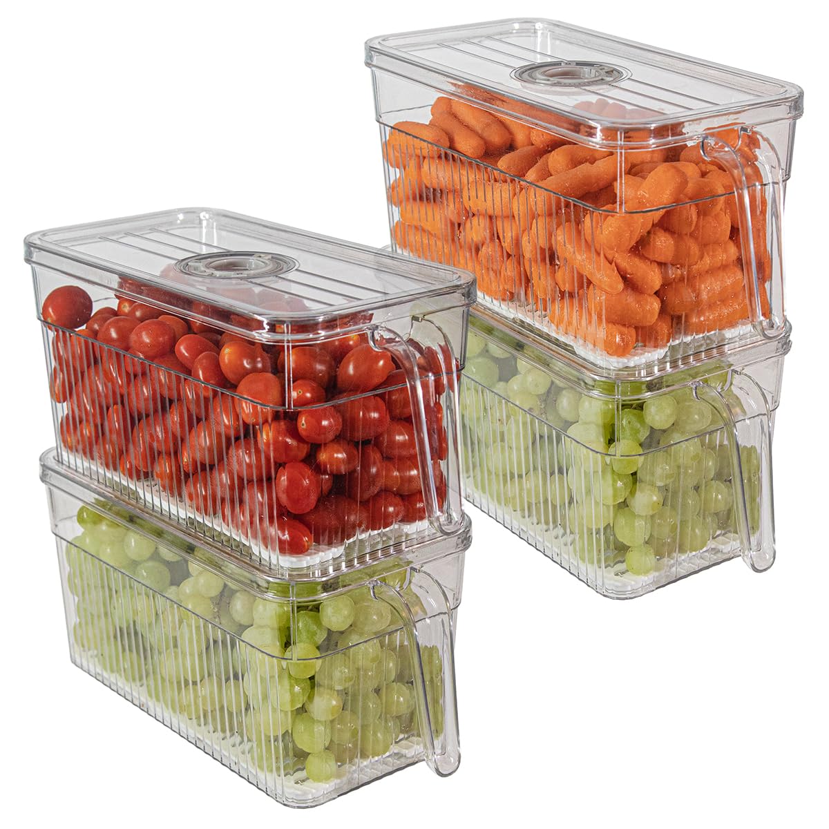 Four Pack Fridge Fruit Storage Container - Set of Four Stackable Refrigerator Organizer Plastic Bins with Lids and Handles, Kitchen Organization for Food, Fruits, Vegetables, Produce. BPA Free