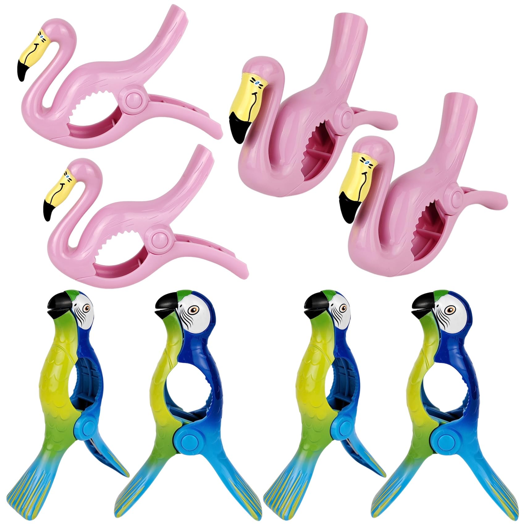 Beach Towel Clips for Chair Secure Clips for Beach Chairs Jumbo Size Plastic Clothes Pegs for Pool Lounger (4Pcs Flamingo and 4Pcs Parrot)