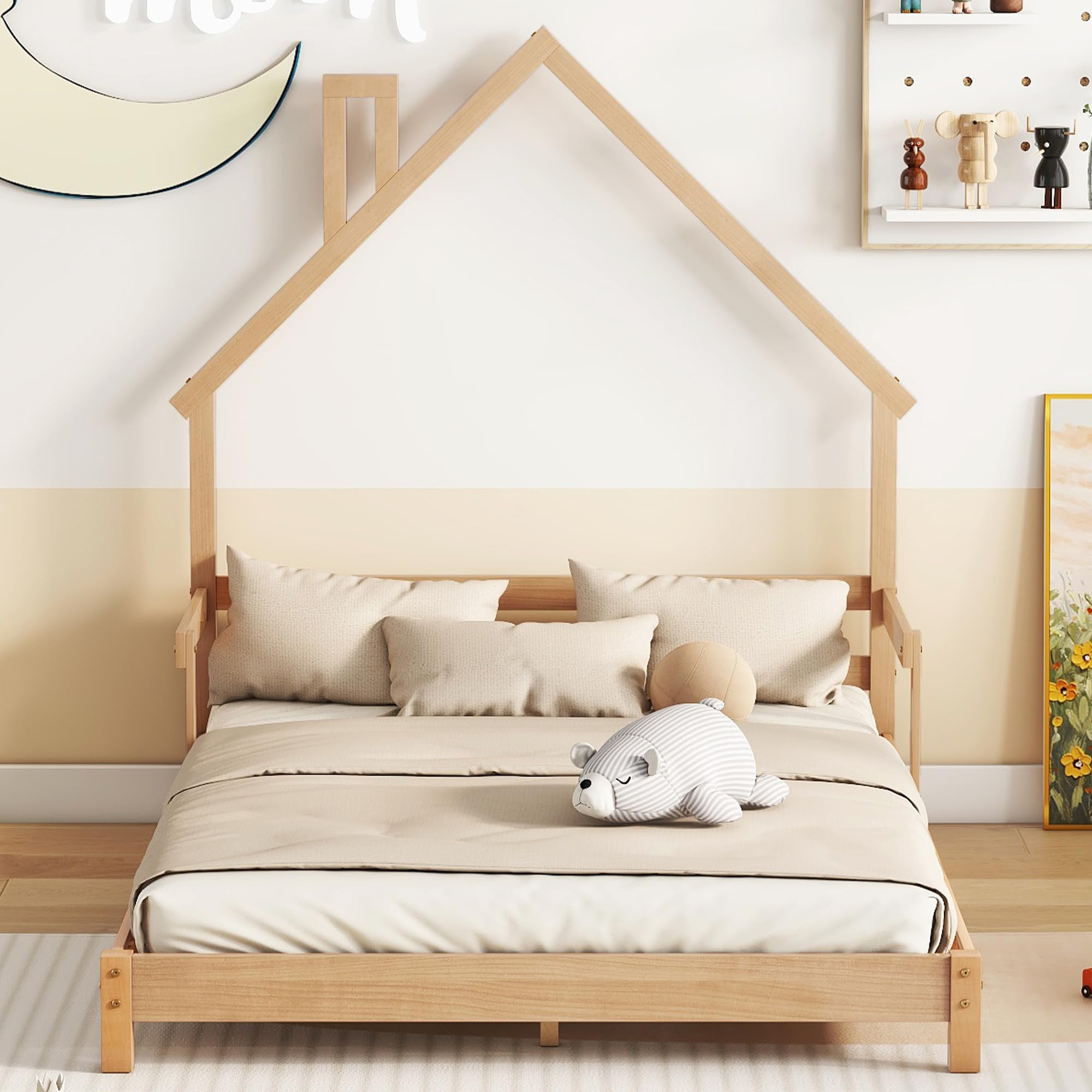 Full Size Bed Frame for Kids,House-Shaped Headboard Kids Bed,Girls Bed with Handrails,Low Platform Bed for Boys Girls,No Box Spring Needed(Natural)