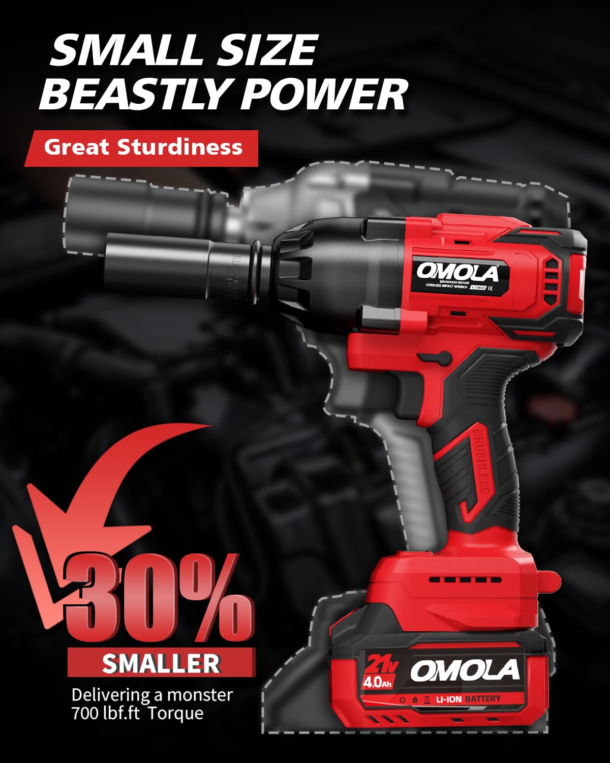 OMOLA Cordless Impact Wrench,1/2 impact gun，700 Ft-lb（950NM） High Torque 3200 RPM,with a 15C 21V 4.0Ah Li-Ion Battery, Fast Charger,Brushless motor，4 Sockets,Electric Impact Wrench for Car Truck RV