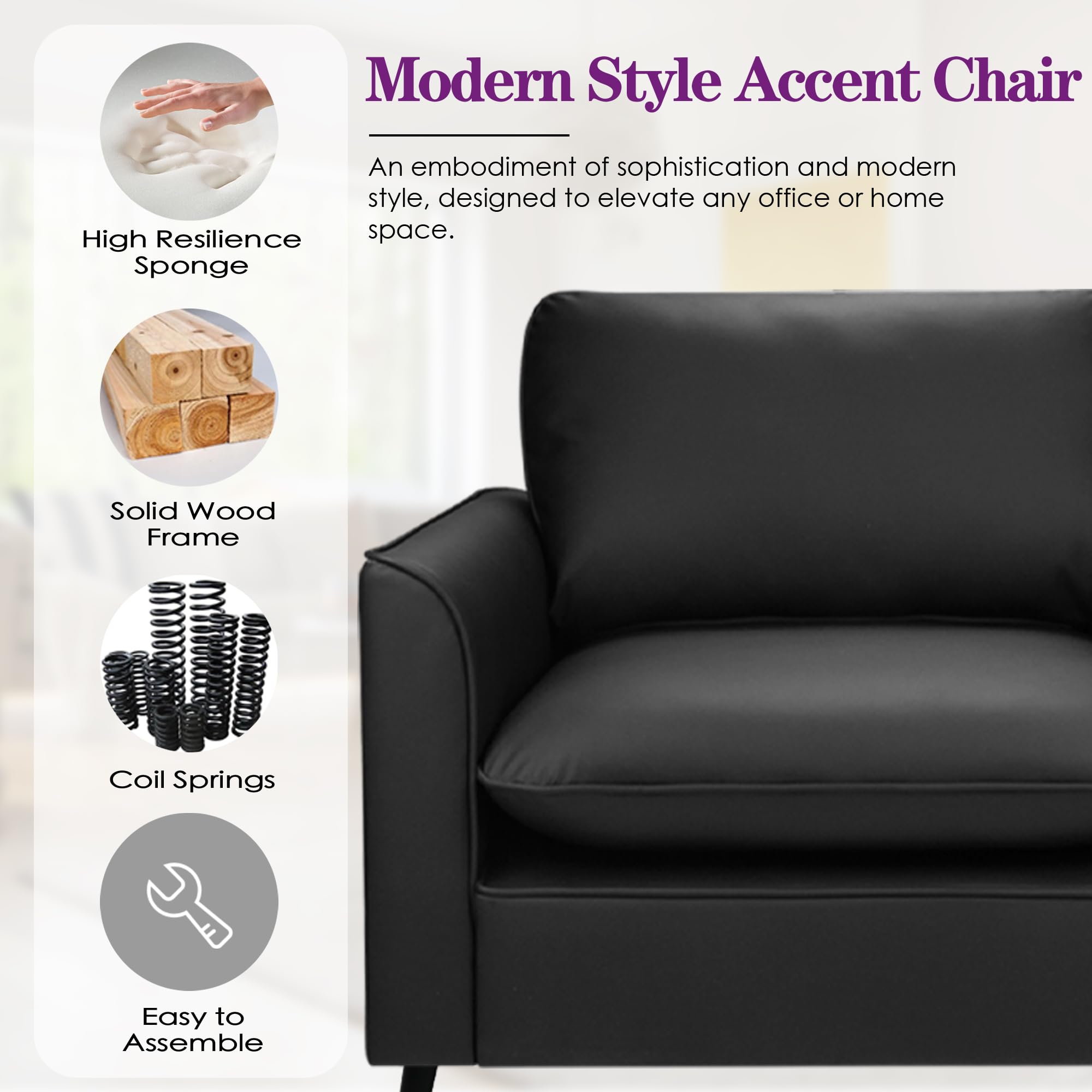 TYBOATLE Accent Chair, Black Leather Accent Chair, Comfy Living Room Chair, Cozy Reading Sitting Chair, Mid Century Modern Accent Chairs, Arm Reception Chairs, Lobby Chair,Office Furniture