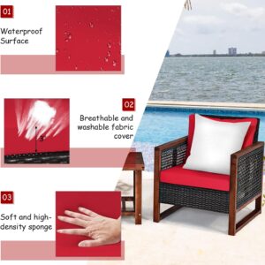 LDAILY 3 Pieces Patio Furniture Set, Rattan Outdoor Front Porch Chairs with Wood Coffee Table & Cushion, Comfy Wicker Conversation Patio Set for Movie Seating, Balcony, Garden, Poolside (Red)