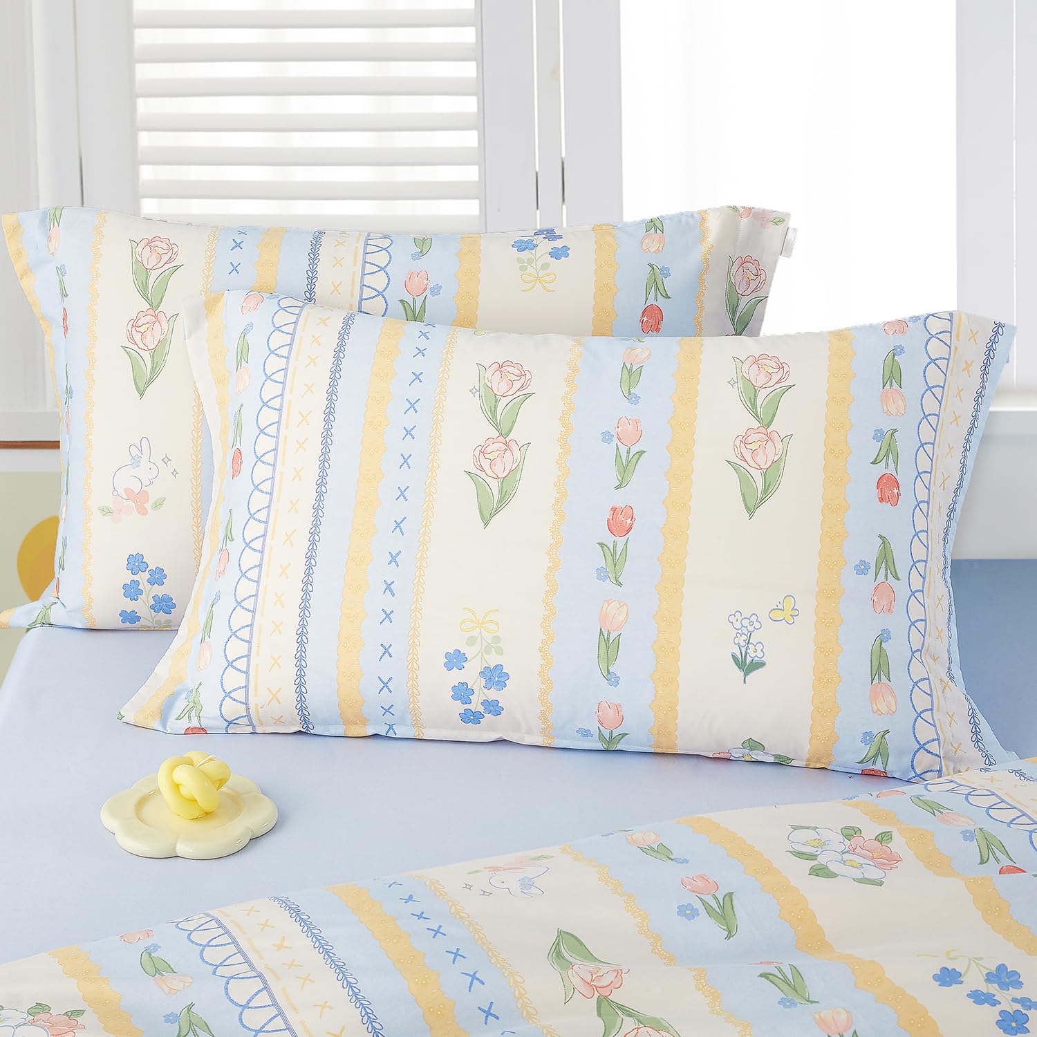 SAPHREAS Colorful Floral and Rabbit Printed Duvet Cover 100% Cotton Bedding Set 3pcs Blue White Comforter Cover with Zipper Closure 1 Full Quilt Cover 2 Pillowshams (no Comforter)