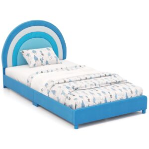 Costzon Twin Bed Frames for Kids, Upholstered Wooden Kids Bed w/Adjustable Headboard, Slats Support, 660 LBS Weight Cap, No Box Spring Needed, Easy Assembly, Twin Platform Bed Frame (Blue Rainbow)