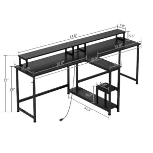 MUTUN Two Person Desk, 83.7 Inch Computer Office Double Desk with Monitor Stand and Power Outlets, Rustic Writing Desk Workstation with Shelves, Long Desk for Home Office, Black