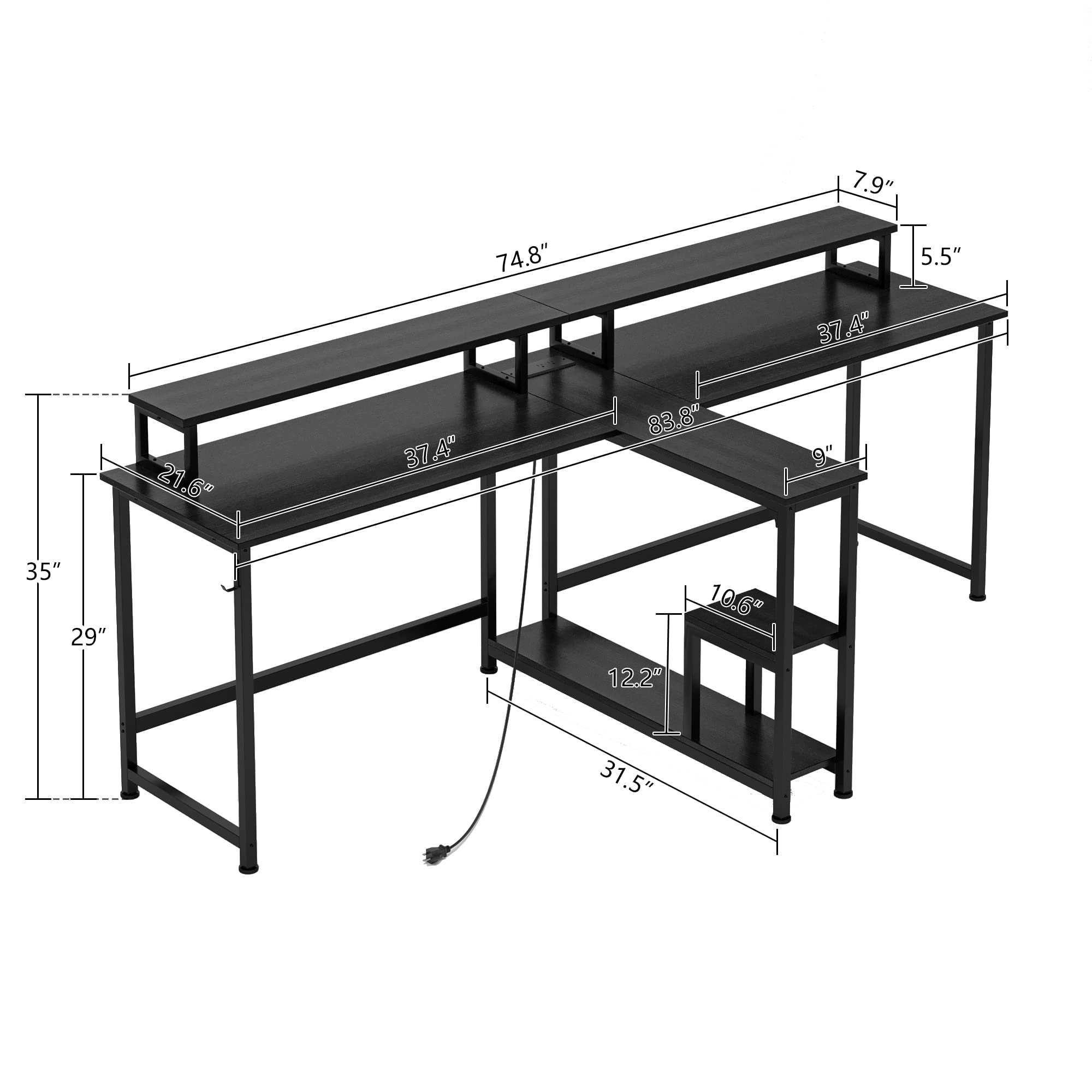 MUTUN Two Person Desk, 83.7 Inch Computer Office Double Desk with Monitor Stand and Power Outlets, Rustic Writing Desk Workstation with Shelves, Long Desk for Home Office, Black