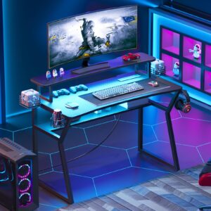 TREETALK Gaming Desk with Power Outlet&Led Lights, Computer Desk with Monitor Stand and Open Shelf,Gamer Table Workstation with Cup Holder, Headphone Hook, 2 Speaker Stand for Home Office