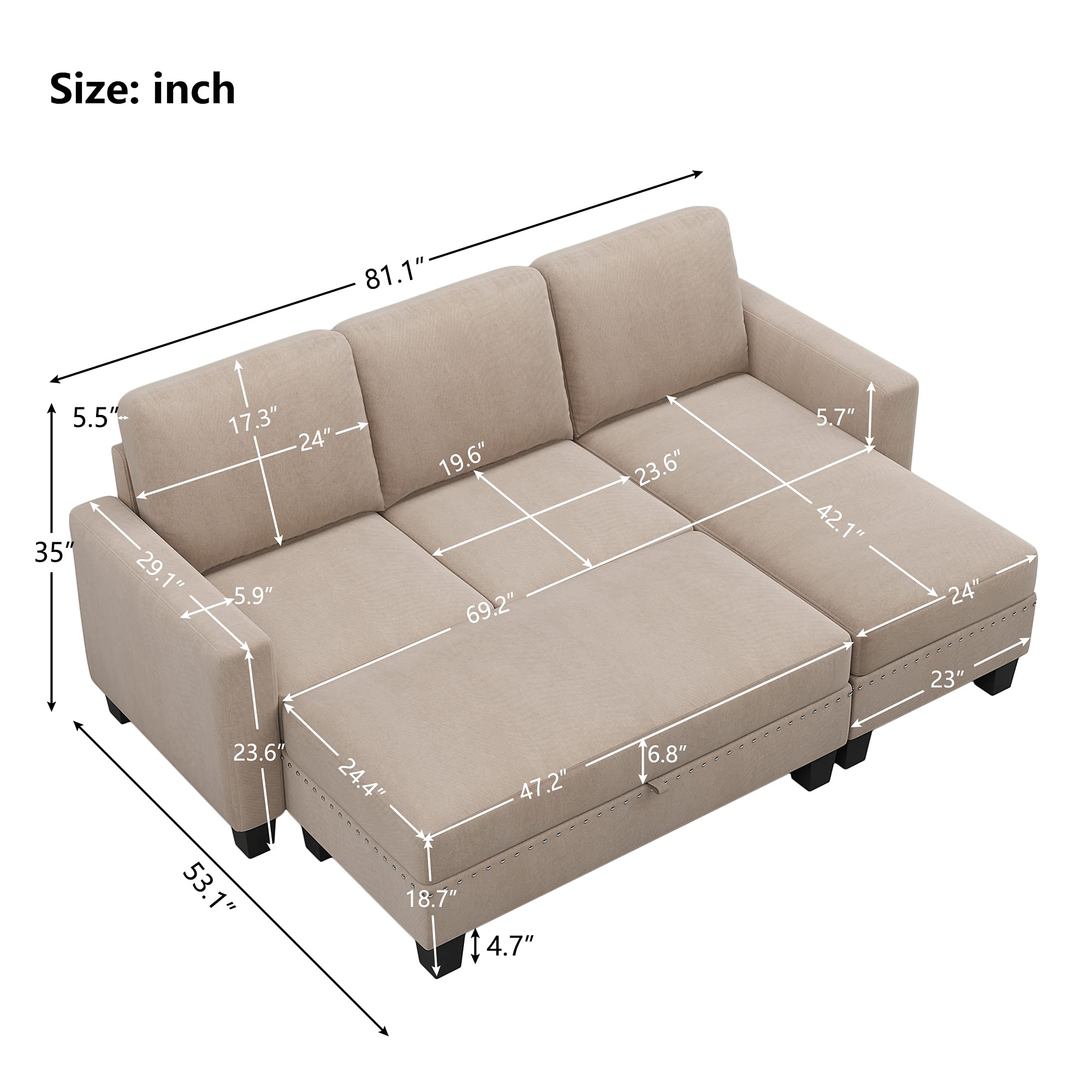 LOIHB 81"" Reversible Sectional Couch with Storage Chaise L-Shaped Sofa for Apartment Sectional Set,Sectional Sofa,Nailhead Textured Linen Fabric 3 Pieces Sofa Set,Warm Grey, GS001066AAE