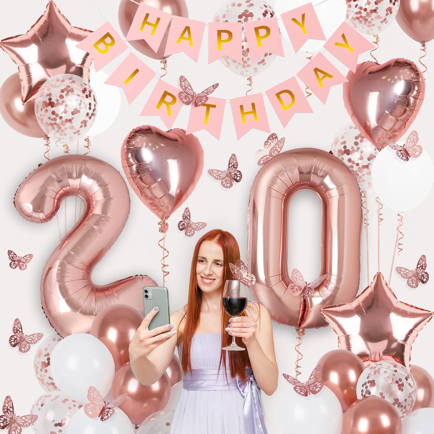 Rose Gold 20th Birthday Decorations for Girl, 20 Year Old Birthday Sign with Happy Birthday Banner, 40In Number 20 Foil Birthday Balloons, Butterfly Decorations, Heart and Star Balloons