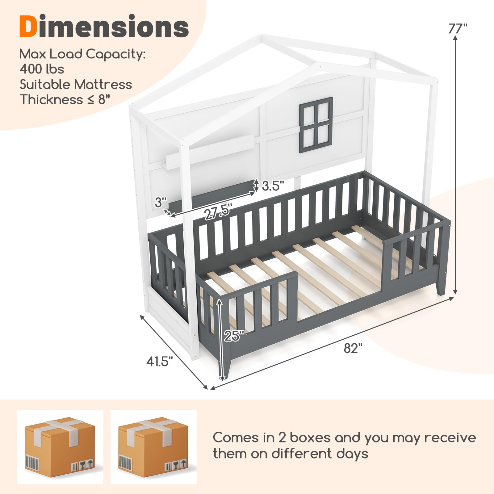 GOFLAME Twin Size House Bed for Kids, Montessori Floor Bed with Roof, 2 Storage Shelves, Rails and Window, Wooden Slatted Playhouse Bed Frame for Boys, Girls, No Box Spring Needed