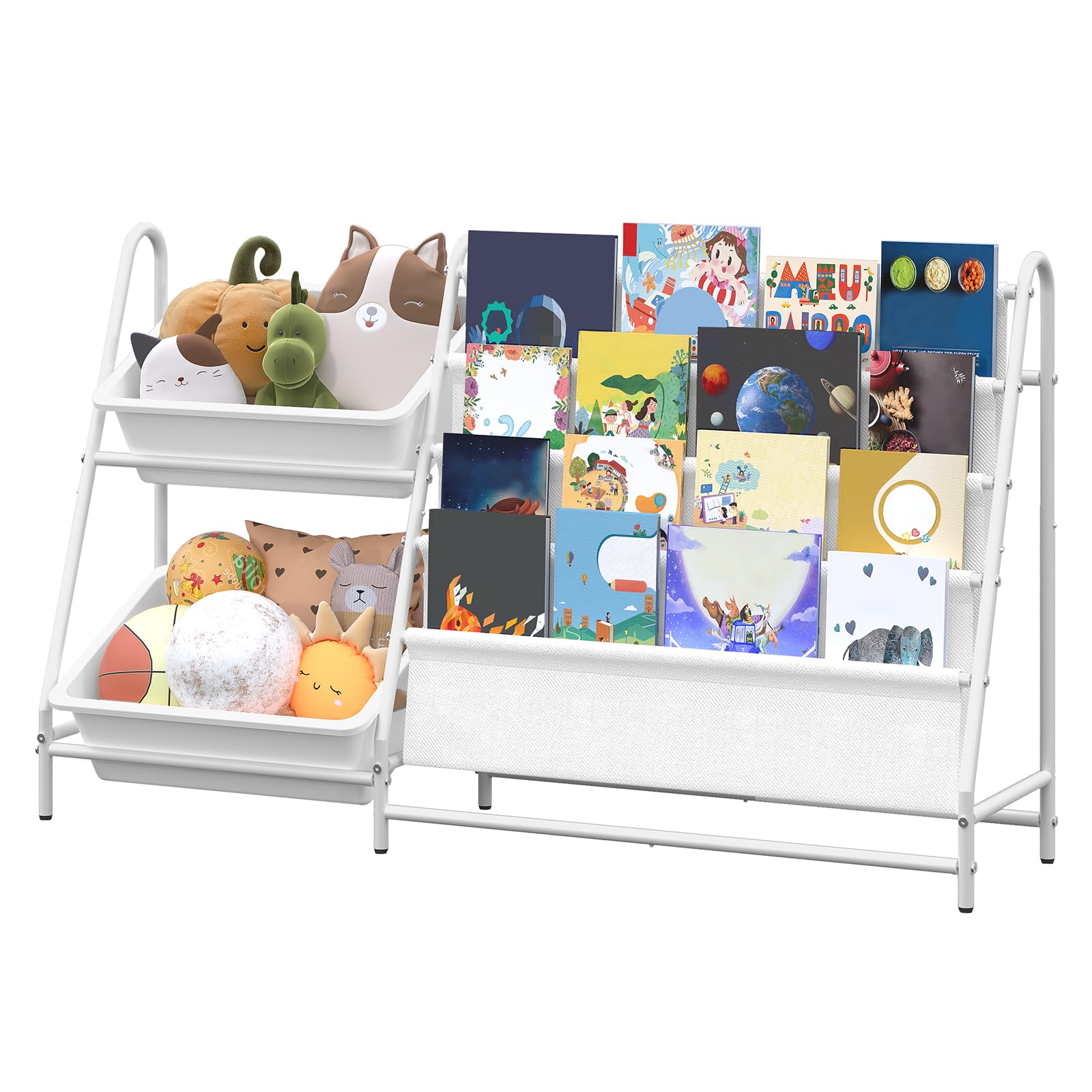 MAHANCRIS Kids Bookshelf and Toy Organizer, 4-Tier Toddler Bookshelf with 2 Toy Storage Bins, Nursery Book Shelves for Classroom, Kids Room, Library, Bedroom, Living Room, White BKBW7501